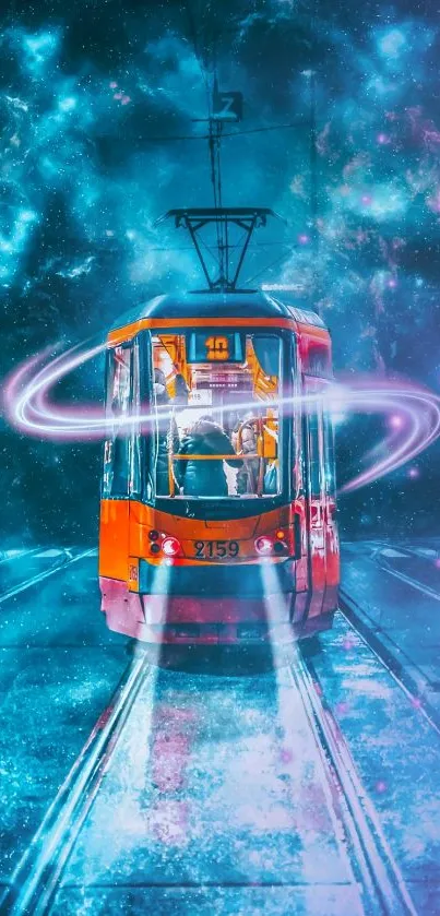 Futuristic tram traveling through a vibrant galaxy.