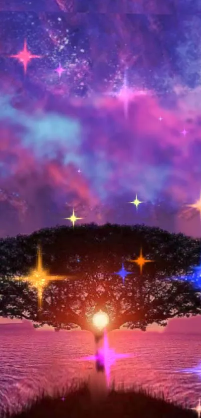 Mystical tree under a vibrant cosmic sky with colorful stars.