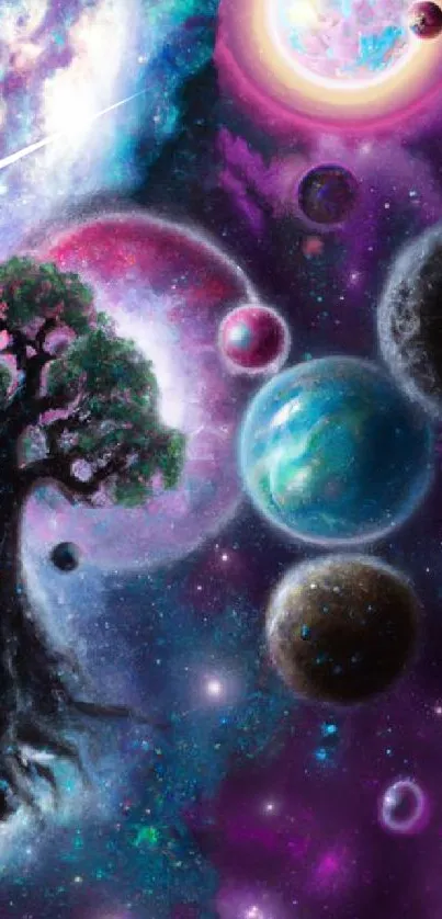 Cosmic tree and planets in vibrant galaxy-themed wallpaper.