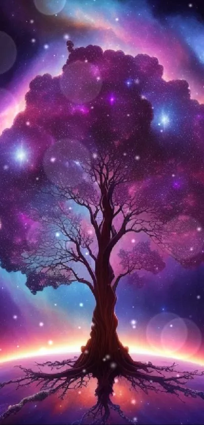 A cosmic tree against a vibrant galaxy background, creating a celestial scene.