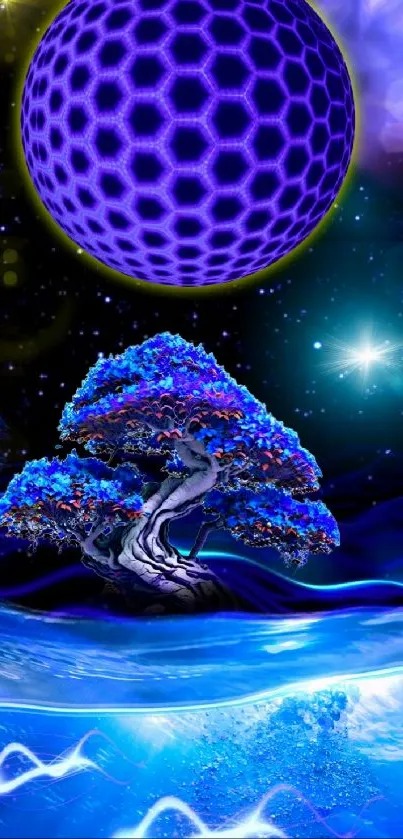 Neon cosmic tree with a glowing purple sphere in a galaxy setting.