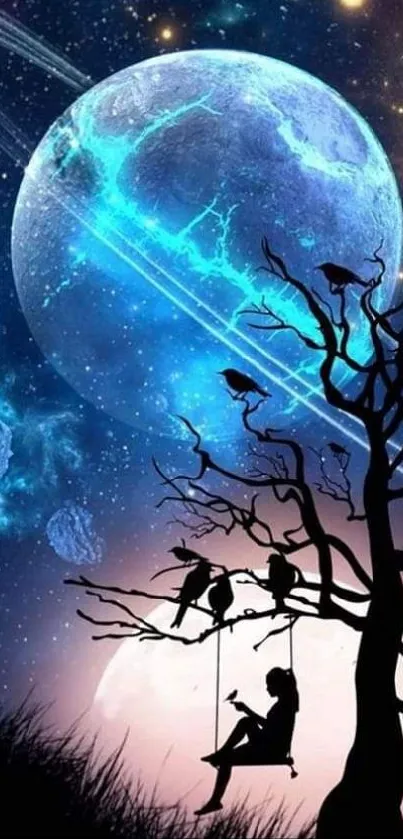 Silhouette of tree with cosmic planets and glowing sky wallpaper.