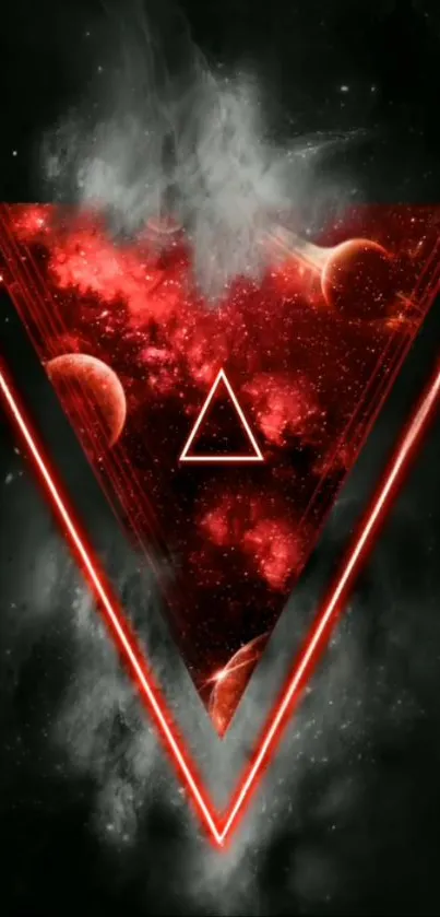 Abstract red triangle space art with planets and nebula effects