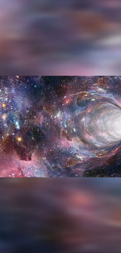 Surreal cosmic tunnel wallpaper with galaxy view.