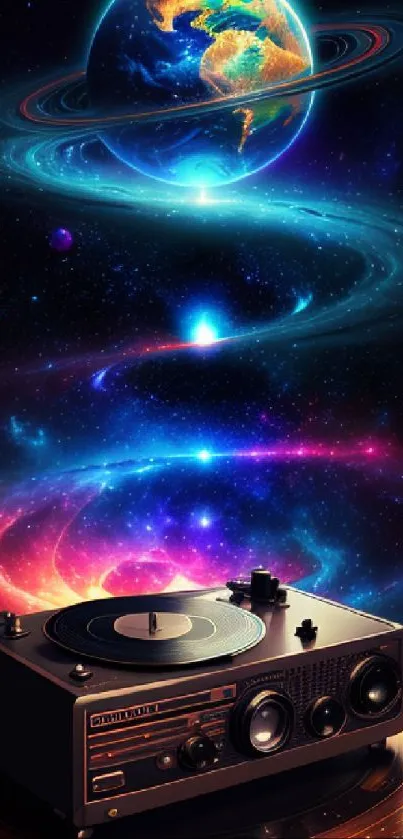 Vibrant cosmic wallpaper with a vintage turntable and galaxy backdrop.