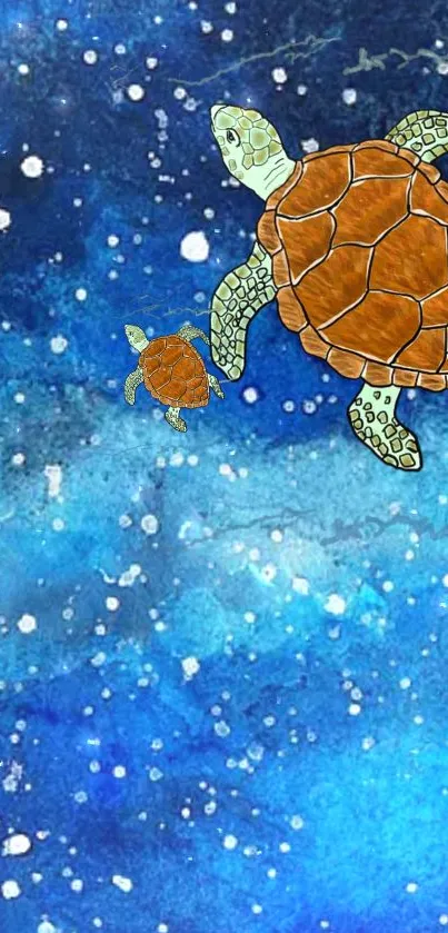 Two turtles swim in a blue cosmic starry sky.