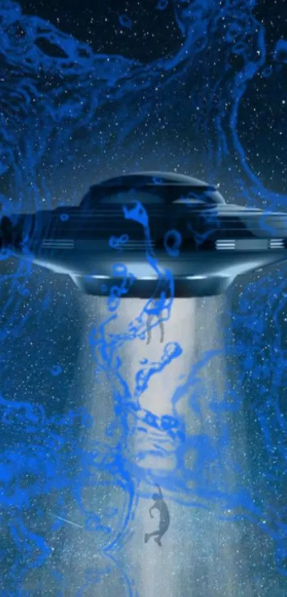 Mobile wallpaper of cosmic UFO abduction scene with blue cosmic backdrop.