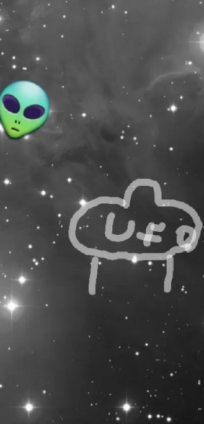 Mobile wallpaper with UFO doodle in cosmic galaxy.