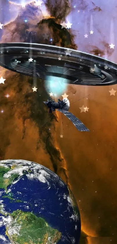 Futuristic spaceship hovering above Earth in cosmic scene.