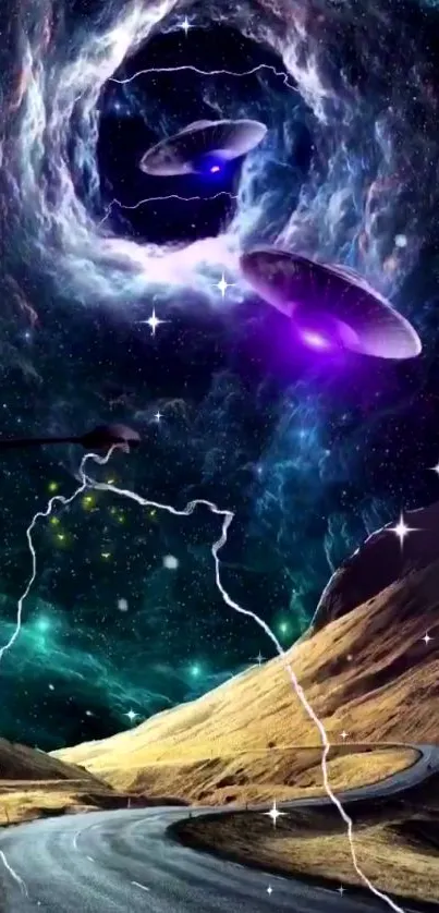 A mesmerizing cosmic scene with UFOs and a winding road under a starry sky.