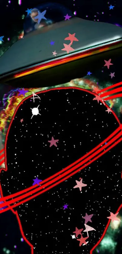 UFO and silhouette with cosmic stars and rings on a mobile wallpaper.
