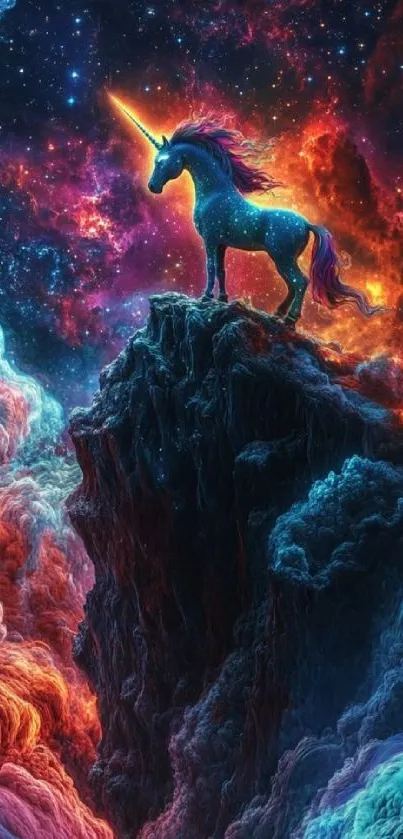 A mystical unicorn stands atop a rocky peak amid colorful cosmic clouds.