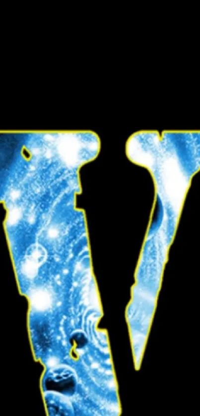 Cosmic themed V letter on black background with galaxy design.