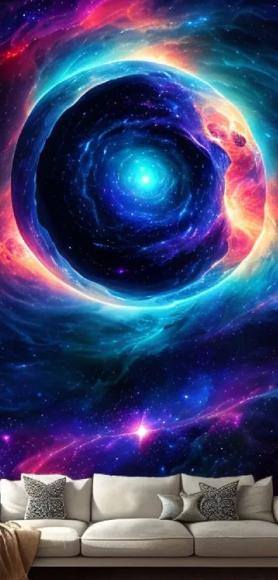 Living room with a cosmic vortex wallpaper featuring swirling galaxy design.