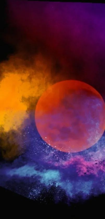 Abstract cosmic scene with purple, orange, and blue hues featuring a moon.