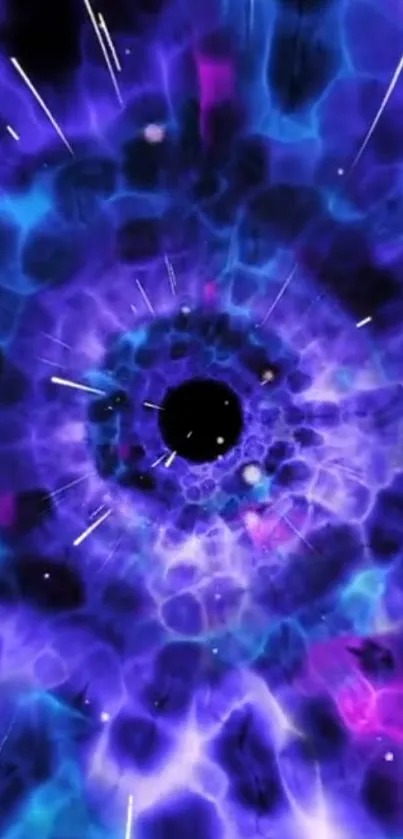 Abstract purple and blue cosmic vortex wallpaper with a central black hole.