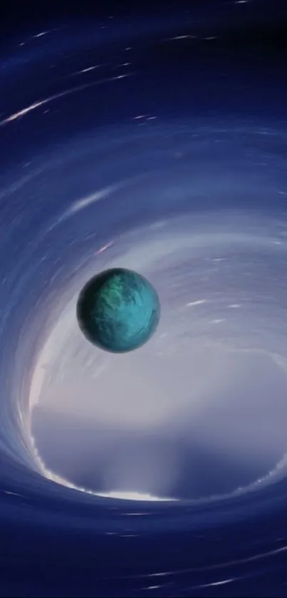 Mobile wallpaper with a swirling blue vortex and a lone green planet.