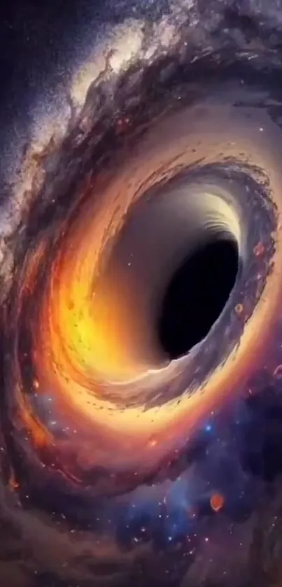 Swirling cosmic vortex with vibrant colors and a central black hole.