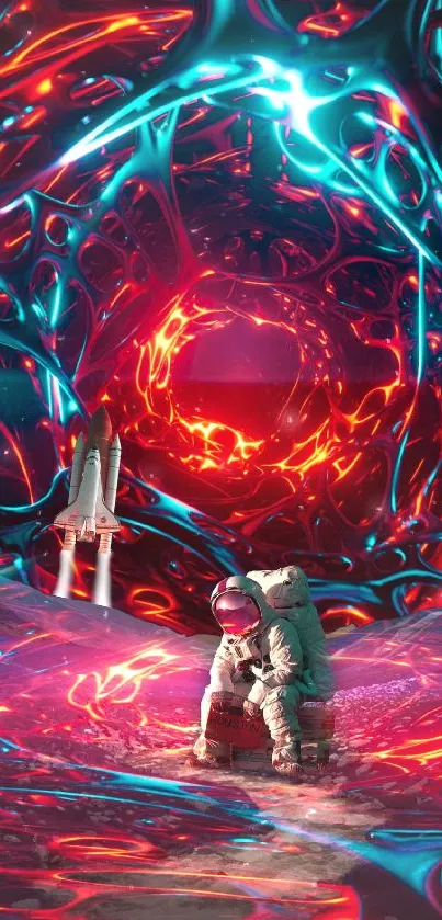 Astronaut in vibrant cosmic tunnel with space shuttle.