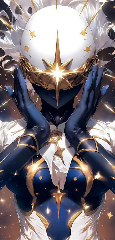 Mystical character with celestial stars and dark blue futuristic attire.