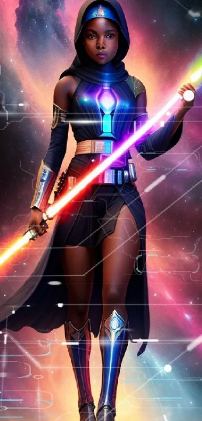 Futuristic warrior droid with cosmic background holding vibrant energy swords.