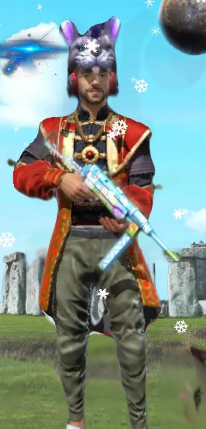 Fantasy warrior in colorful attire with cosmic backdrop, featuring Stonehenge.