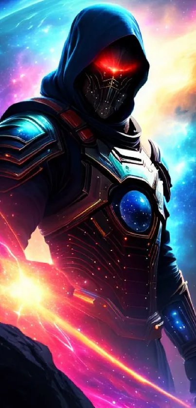 Epic cosmic warrior with galaxy backdrop in vibrant colors, ideal for sci-fi fans.