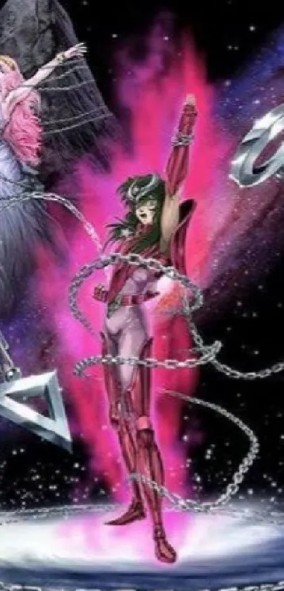 Fantasy warrior with chains in cosmic magenta glow.