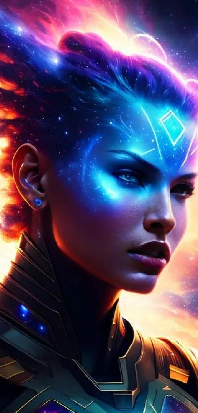 Neon-lit warrior amidst a cosmic, fiery galaxy background in vibrant colors.