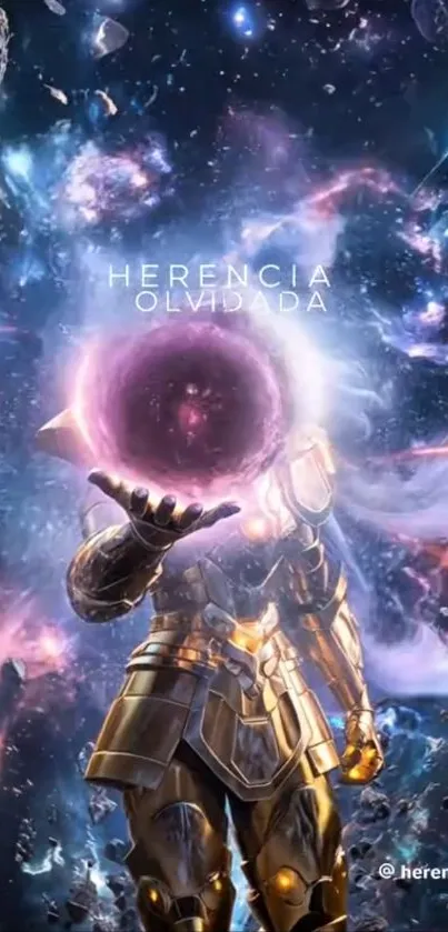 Cosmic warrior in space with vibrant colors and galaxy backdrop.