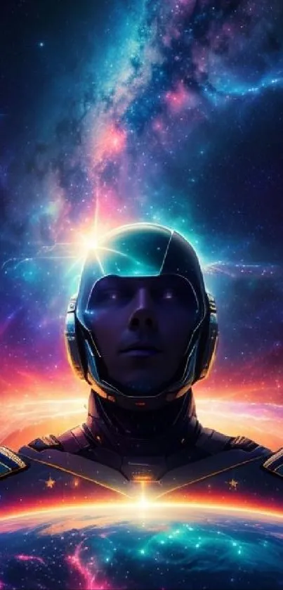 Futuristic helmeted figure in a cosmic setting with vibrant galaxy colors.