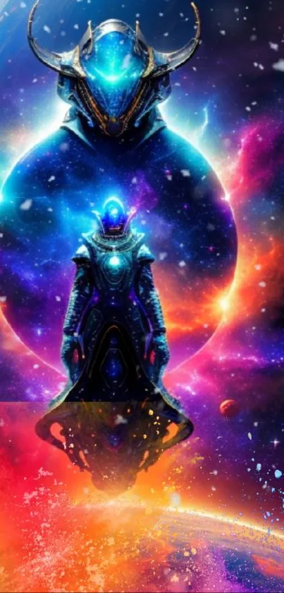 Vibrant cosmic warrior with celestial backdrop, glowing in space.