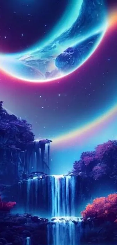 Vibrant cosmic waterfall with celestial sky and fantasy elements.