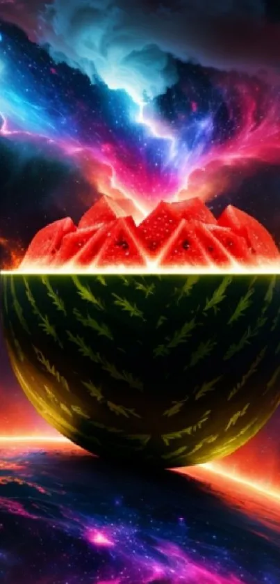 Watermelon half in cosmic nebula scene, vivid colors.