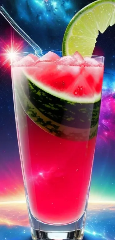 Colorful watermelon cocktail in space-themed galaxy background.
