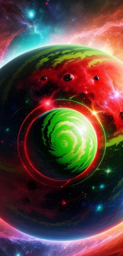 A vibrant cosmic scene with a watermelon-like planet in the galaxy.