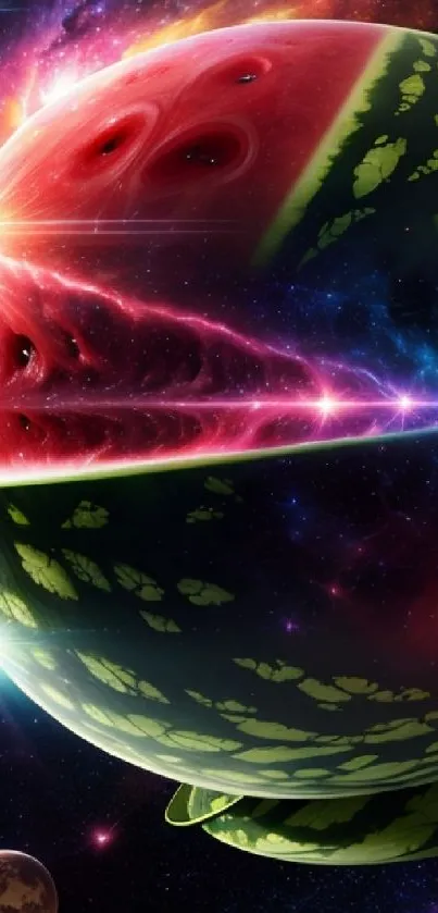 Surreal cosmic watermelon with space backdrop, vibrant and artistic.