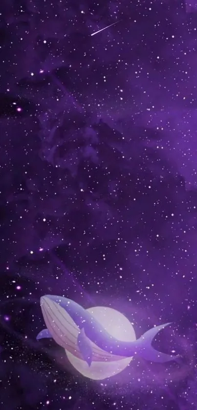 Whale swimming in starry purple galaxy wallpaper.