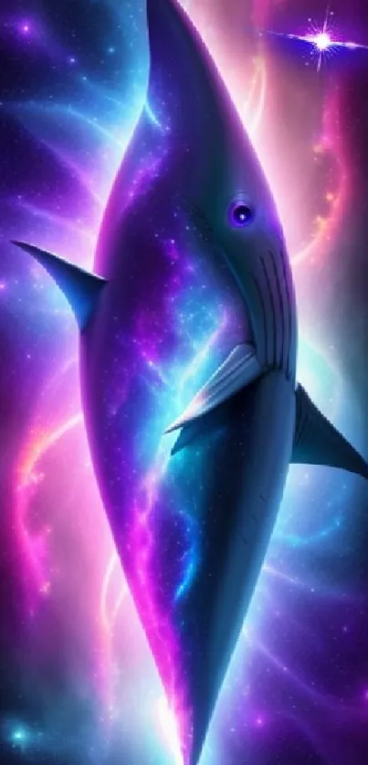 Mystical cosmic whale in a vibrant galaxy setting.