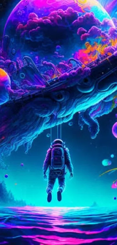 Surreal cosmic wallpaper with whale and astronaut in vibrant colors.