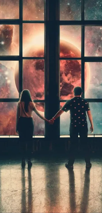 Couple silhouetted against a cosmic window view.