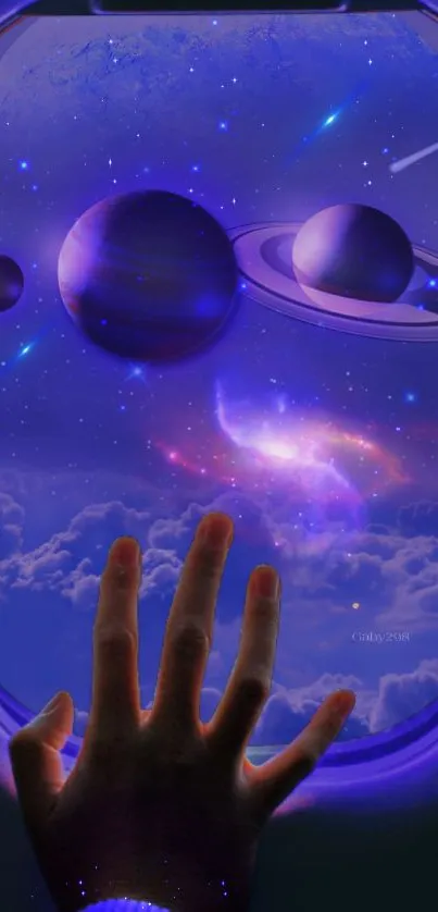 A hand reaches toward a cosmic scene through an airplane window with planets and stars.