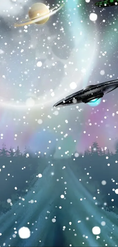 Cosmic winter scene with UFOs and planets in snowfall.