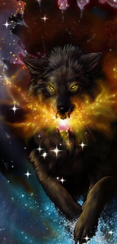 Cosmic wolf emerges from fiery planet in space wallpaper.