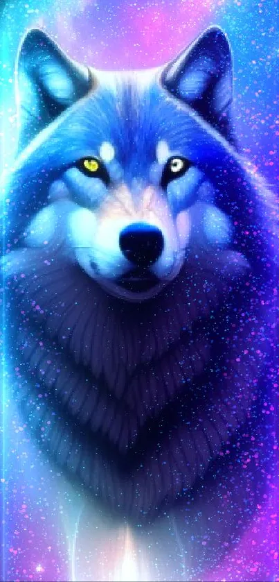 Vibrant cosmic wolf illustration on a galaxy background.