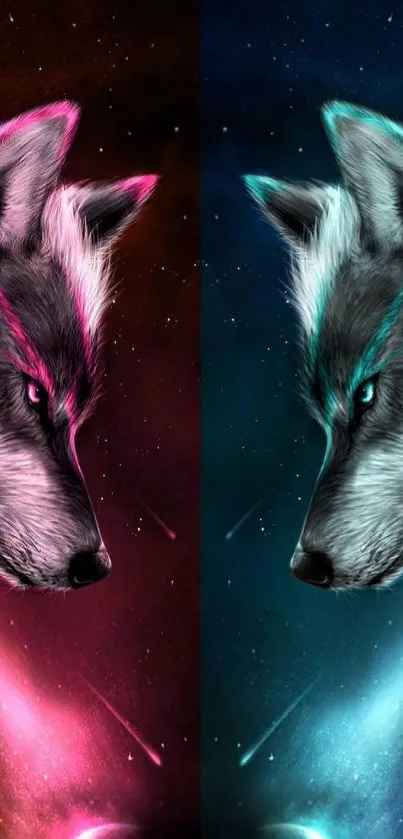 Cosmic dual wolf illustration with pink and blue accents.