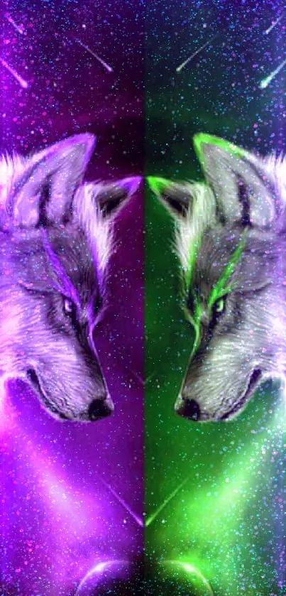 Cosmic wolves in vibrant colors on a starry backdrop for mobile wallpaper.