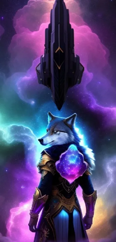 Wolf in space with cosmic neon colors and celestial elements.