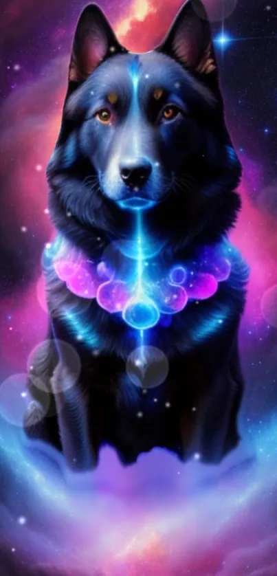 Cosmic wolf in galaxy fantasy art wallpaper, vibrant and mystical.