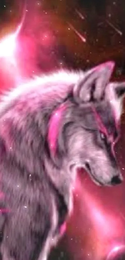 Cosmic wolf with pink hues in a galaxy setting for mobile wallpaper.